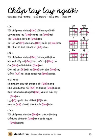 Hợp âm Chắp tay lạy người (Trường Vũ) – bản nhạc PDF trang 1, tông Dm