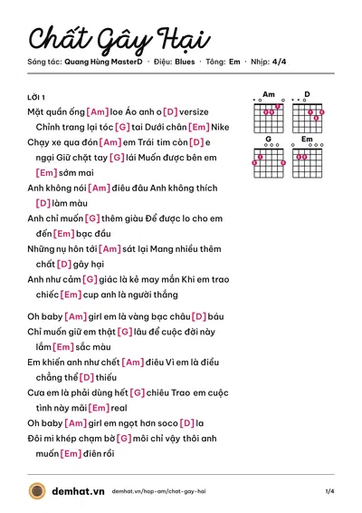Hợp âm Chất Gây Hại (Quang Hùng MasterD) – bản nhạc PDF trang 1, tông Em