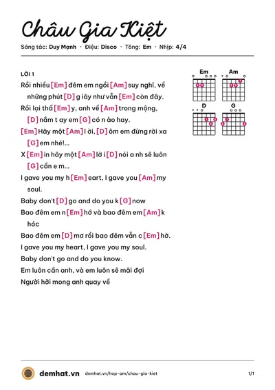Hợp âm Châu Gia Kiệt (Châu Gia Kiệt) – bản nhạc PDF trang 1, tông Em