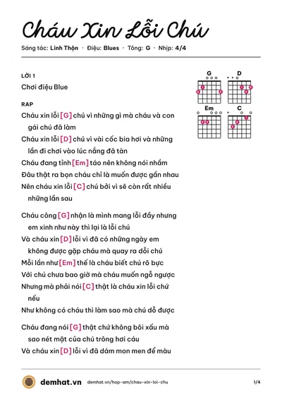Hợp âm Cháu Xin Lỗi Chú (Linh Thộn) – bản nhạc PDF trang 1, tông G