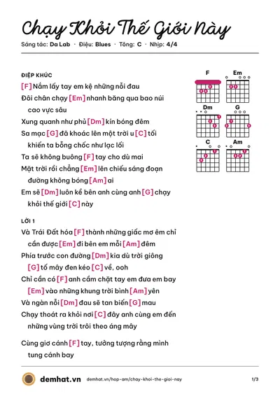 Hợp âm Chạy Khỏi Thế Giới Này (Da Lab) – bản nhạc PDF trang 1, tông C