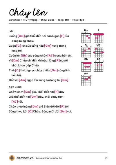 Hợp âm Cháy lên (Xuân Phú) – bản nhạc PDF trang 1, tông Dm
