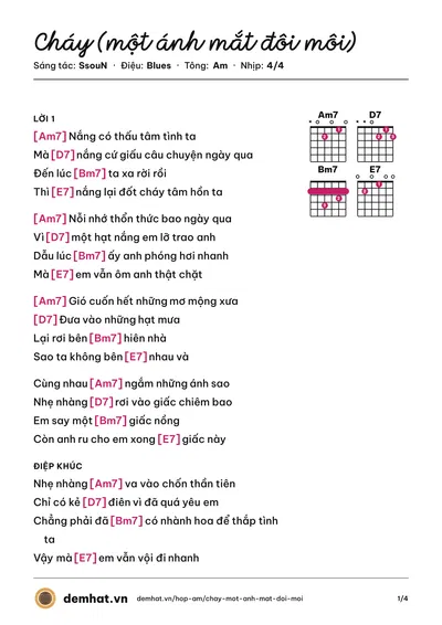 Hợp âm Cháy (một ánh mắt đôi môi) (SsouN) – bản nhạc PDF trang 1, tông Am