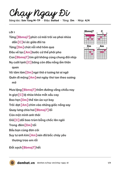 Hợp âm Chạy Ngay Đi (Sơn Tùng M-TP) – bản nhạc PDF trang 1, tông Dm