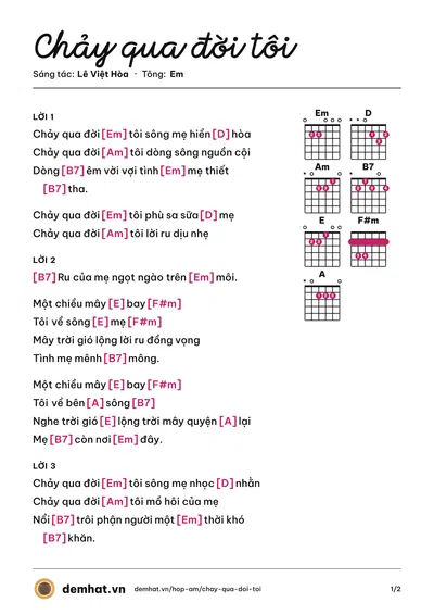 Hợp âm Chảy qua đời tôi (Hồng Nhiên) – bản nhạc PDF trang 1, tông Em