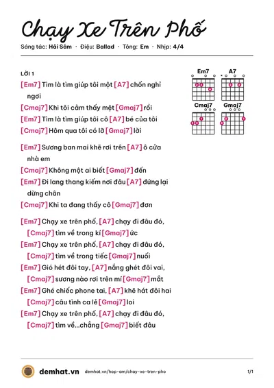 Hợp âm Chạy Xe Trên Phố (Hải Sâm) – bản nhạc PDF trang 1, tông Em