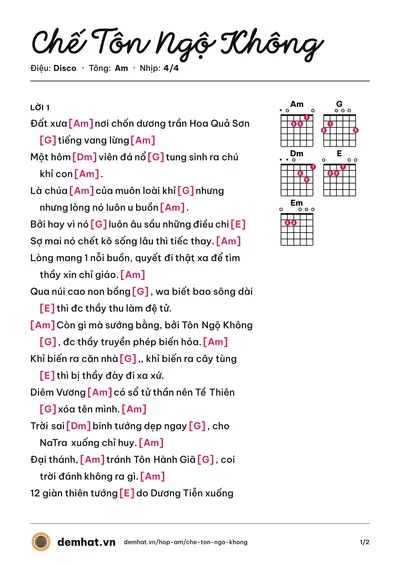 Hợp âm Chế Tôn Ngộ Không (Quân Keyboard) – bản nhạc PDF trang 1, tông Am
