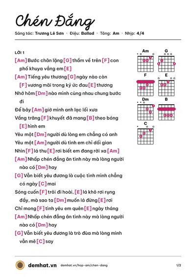 Hợp âm Chén Đắng (Đàm Vĩnh Hưng) – bản nhạc PDF trang 1, tông Am