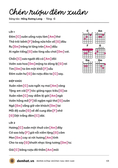 Hợp âm Chén rượu đêm xuân (Hồng Xương Long) – bản nhạc PDF trang 1, tông C