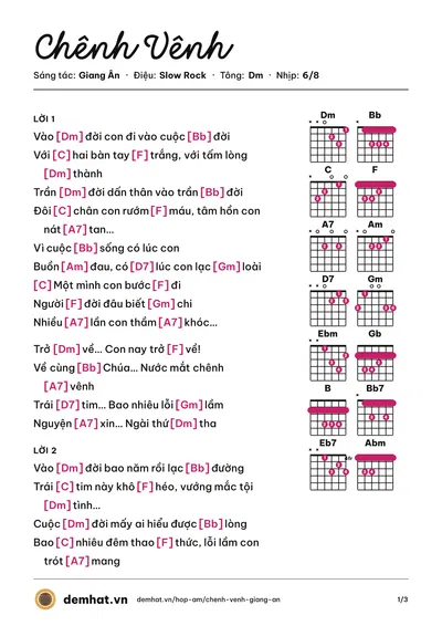 Hợp âm Chênh Vênh (Xuân Trường) – bản nhạc PDF trang 1, tông Dm