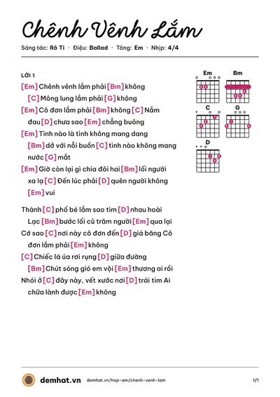 Hợp âm Chênh Vênh Lắm (Rô Ti) – bản nhạc PDF trang 1, tông Em