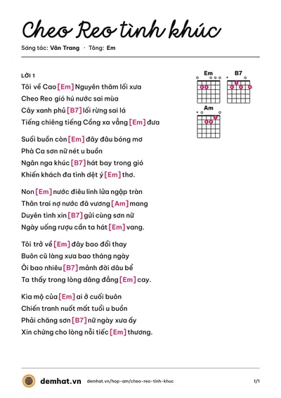 Hợp âm Cheo Reo tình khúc (Thanh Trúc) – bản nhạc PDF trang 1, tông Em