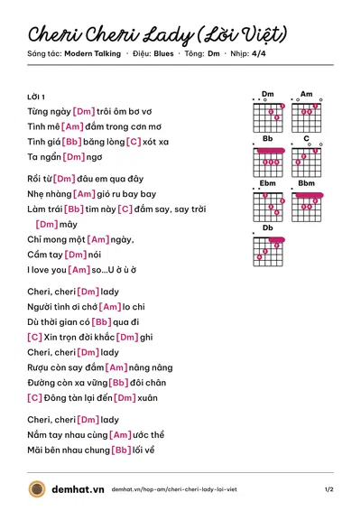Hợp âm Cheri Cheri Lady (Lời Việt) (Jee Trần) – bản nhạc PDF trang 1, tông Dm