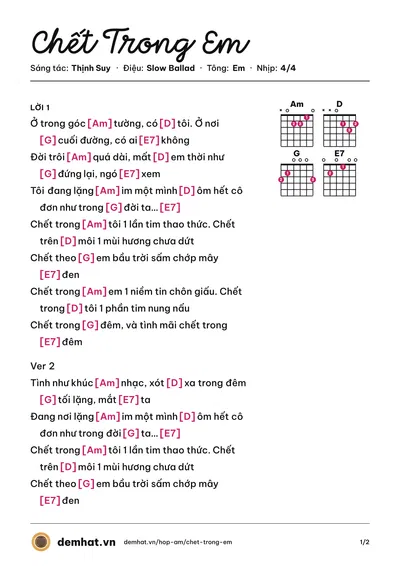 Hợp âm Chết Trong Em (Thịnh Suy) – bản nhạc PDF trang 1, tông Em