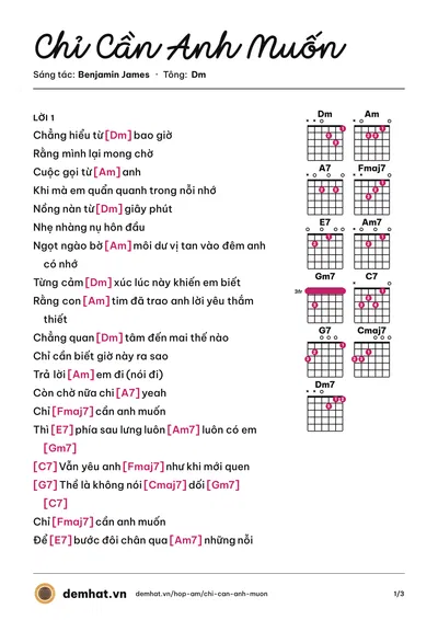 Hợp âm Chỉ Cần Anh Muốn (Vũ Thảo My) – bản nhạc PDF trang 1, tông Dm
