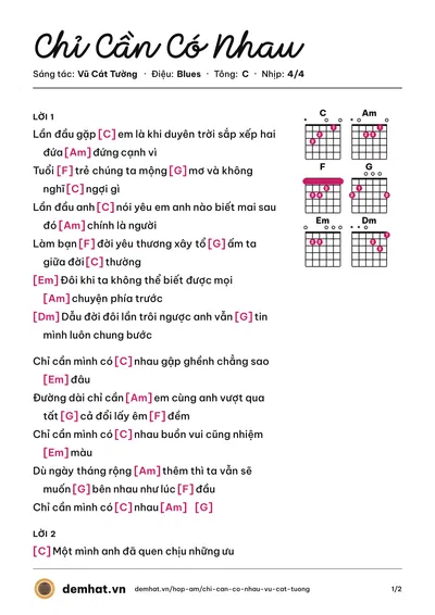 Hợp âm Chỉ Cần Có Nhau (Vũ Cát Tường) – bản nhạc PDF trang 1, tông C