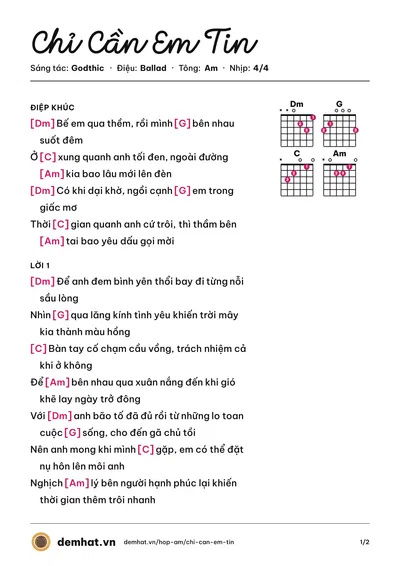 Hợp âm Chỉ Cần Em Tin (Godthic) – bản nhạc PDF trang 1, tông Am