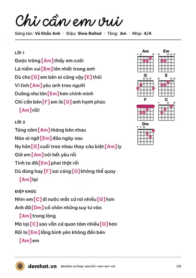 Hợp âm Chỉ cần em vui (Vũ Khắc Anh) – bản nhạc PDF trang 1, tông Am