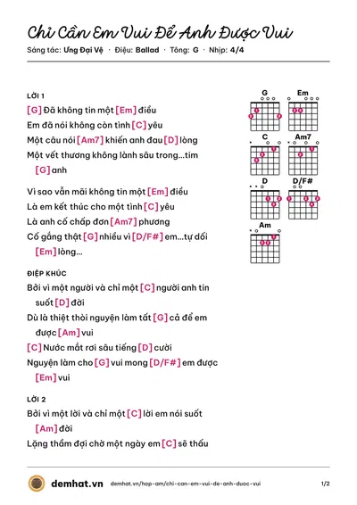 Hợp âm Chỉ Cần Em Vui Để Anh Được Vui (Ưng Đại Vệ) – bản nhạc PDF trang 1, tông G