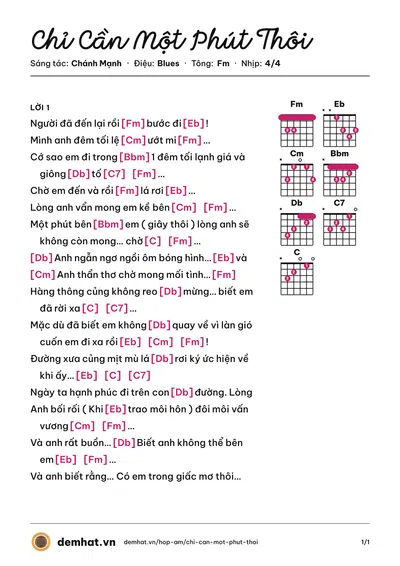 Hợp âm Chỉ Cần Một Phút Thôi (Chánh Mạnh) – bản nhạc PDF trang 1, tông Fm
