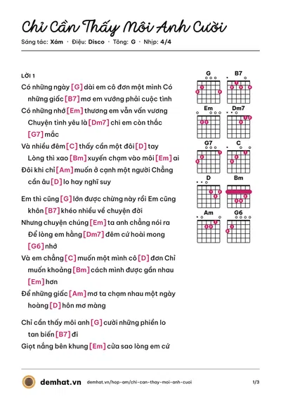 Hợp âm Chỉ Cần Thấy Môi Anh Cười (Woni) – bản nhạc PDF trang 1, tông G