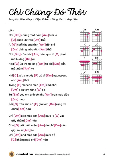 Hợp âm Chỉ Chừng Đó Thôi (Duy Quang) – bản nhạc PDF trang 1, tông Dm
