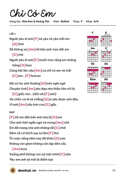 Hợp âm Chỉ Có Em (Bảo Kun) – bản nhạc PDF trang 1, tông F