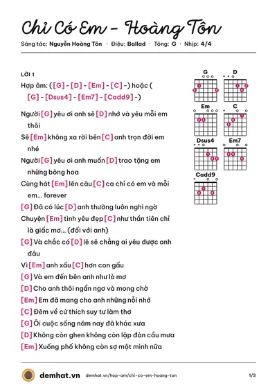 Hợp âm Chỉ Có Em - Hoàng Tôn (Bảo Kun - Hoàng Tôn - Kay Trần) – bản nhạc PDF trang 1, tông G