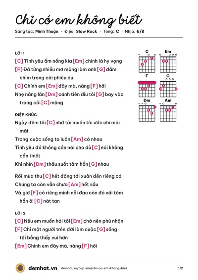 Hợp âm Chỉ có em không biết (Trương Học Hữu) – bản nhạc PDF trang 1, tông C