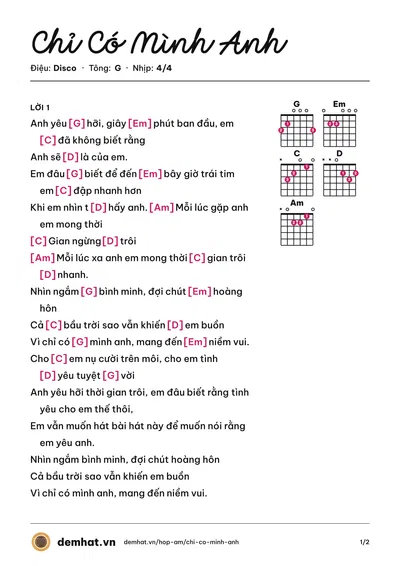 Hợp âm Chỉ Có Mình Anh (chu lê minh) – bản nhạc PDF trang 1, tông G