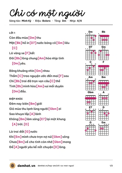 Hợp âm Chỉ có một người (Như Quỳnh) – bản nhạc PDF trang 1, tông Dm