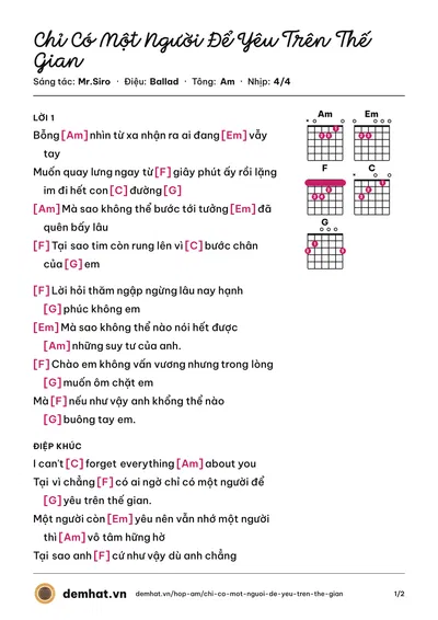 Hợp âm Chỉ Có Một Người Để Yêu Trên Thế Gian (Mr.Siro) – bản nhạc PDF trang 1, tông Am