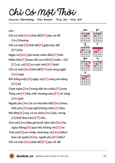 Hợp âm Chỉ Có Một Thời (Đặng Tuấn Vũ) – bản nhạc PDF trang 1, tông Am