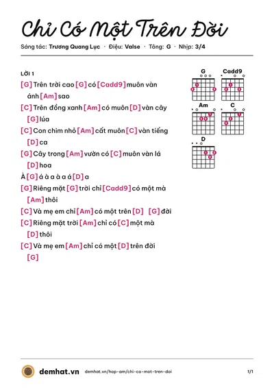 Hợp âm Chỉ Có Một Trên Đời (MTV) – bản nhạc PDF trang 1, tông G