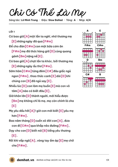 Hợp âm Chỉ Có Thể Là Mẹ (Lê Minh Trung) – bản nhạc PDF trang 1, tông A