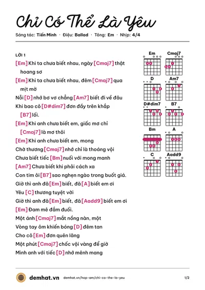 Hợp âm Chỉ Có Thể Là Yêu (Tiến Minh) – bản nhạc PDF trang 1, tông Em