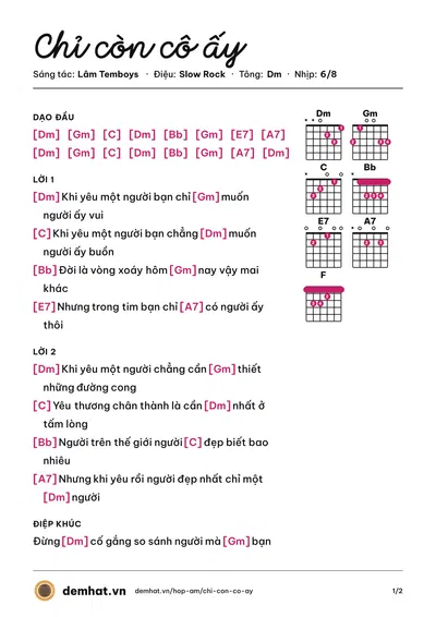 Hợp âm Chỉ còn cô ấy (Lâm Temboys) – bản nhạc PDF trang 1, tông Dm