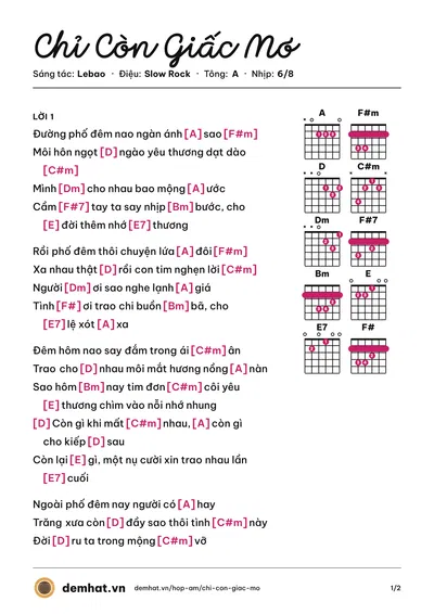 Hợp âm Chỉ Còn Giấc Mơ (Lebao) – bản nhạc PDF trang 1, tông A