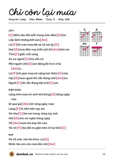Hợp âm Chỉ còn lại mưa (Luny) – bản nhạc PDF trang 1, tông C