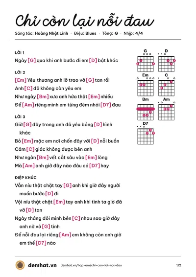 Hợp âm Chỉ còn lại nỗi đau (Hoàng Nhật Linh) – bản nhạc PDF trang 1, tông G