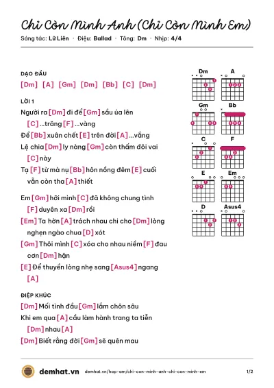 Hợp âm Chỉ Còn Mình Anh (Chỉ Còn Mình Em) (Lý Hải) – bản nhạc PDF trang 1, tông Dm