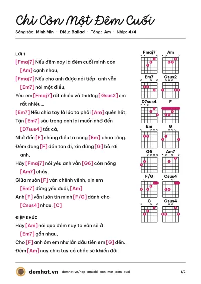 Hợp âm Chỉ Còn Một Đêm Cuối (Tuấn Hưng) – bản nhạc PDF trang 1, tông Am