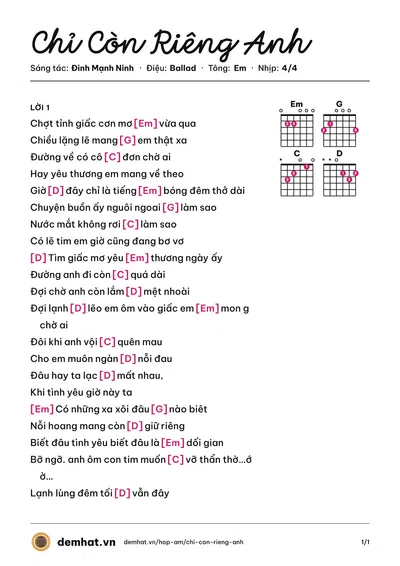Hợp âm Chỉ Còn Riêng Anh (Đinh Mạnh Ninh) – bản nhạc PDF trang 1, tông Em