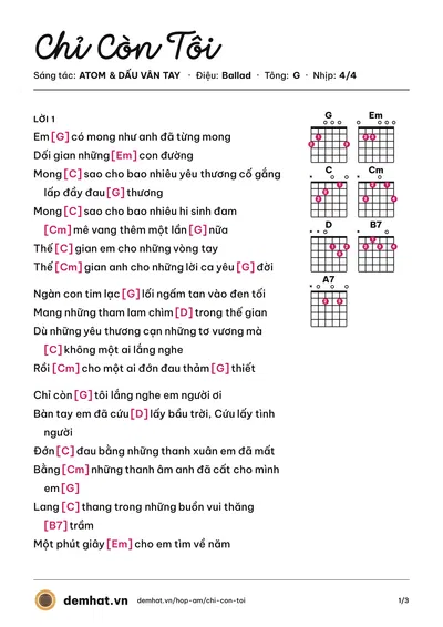 Hợp âm Chỉ Còn Tôi (ATOM) – bản nhạc PDF trang 1, tông G