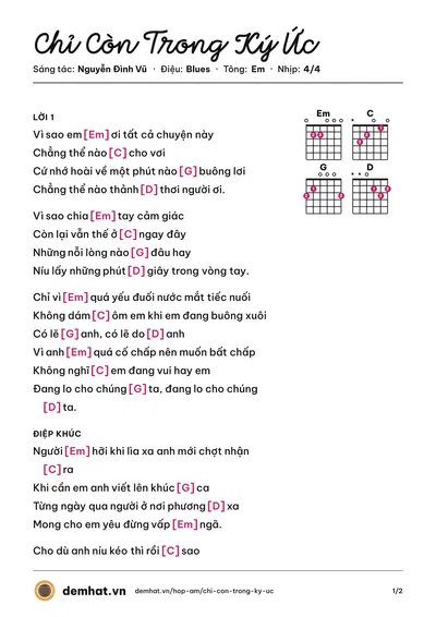Hợp âm Chỉ Còn Trong Ký Ức (Hồ Quang Hiếu) – bản nhạc PDF trang 1, tông Em