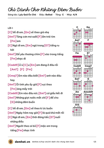 Hợp âm Chỉ Dành Cho Những Đêm Buồn (Lyly Quả Óc Chó) – bản nhạc PDF trang 1, tông C