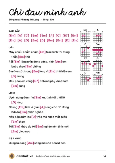 Hợp âm Chỉ đau mình anh (Phương Tử Long) – bản nhạc PDF trang 1, tông Em