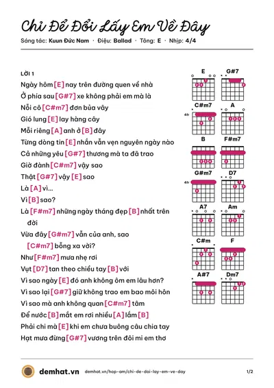 Hợp âm Chỉ Để Đổi Lấy Em Về Đây (Yulim Trần) – bản nhạc PDF trang 1, tông E