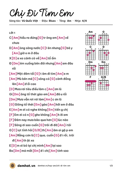 Hợp âm Chị Đi Tìm Em (Cẩm Ly) – bản nhạc PDF trang 1, tông Am
