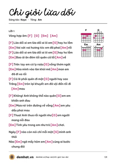Hợp âm Chỉ giỏi lừa dối (Keyo) – bản nhạc PDF trang 1, tông Am